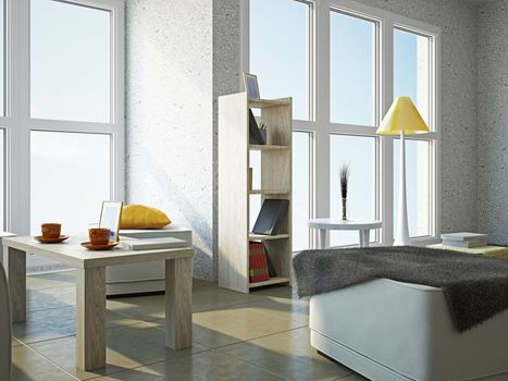 Livingroom with furniture  near the panoramic window
