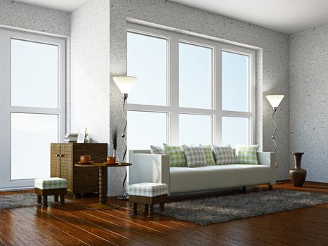 Livingroom with furniture  near the panoramic window