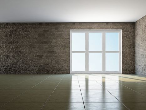 The empty room with big panoramic window