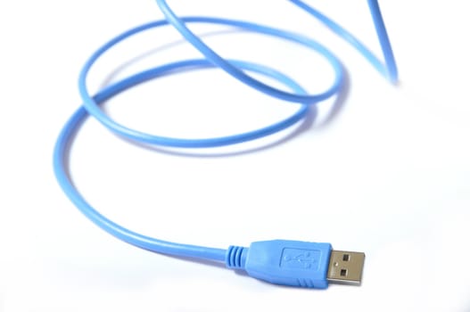 Blue USB cable on white background