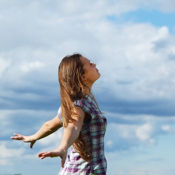 summer woman fly in blue sky