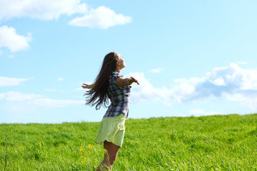 summer woman fly in blue sky