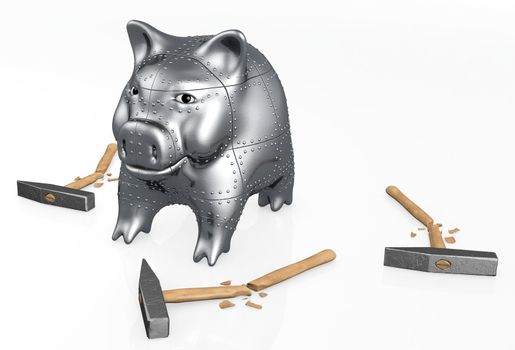 an armored piggy bank with confident attitude is watching on camera while on the ground lie three broken hammers