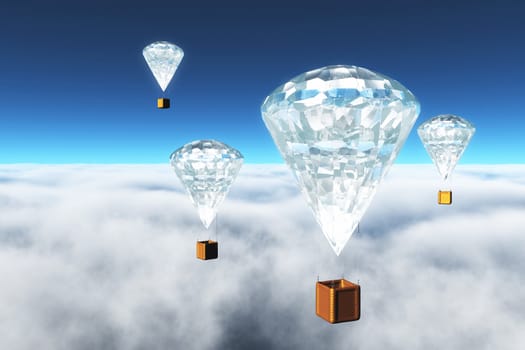 a group of four hot-air balloons which have a giant diamond instead of the classic balloon, are flying over clouds with a blue sky on the background