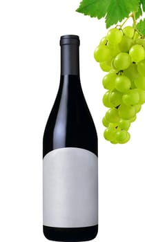 wine bottle and grapes isolated on white background