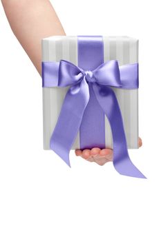 male holding gift box with a bow isolated on white background