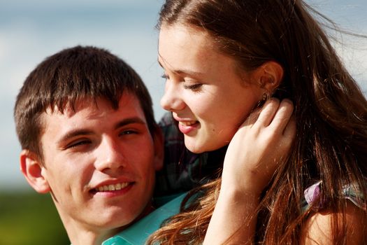 lovers hug on picnic close up portrait