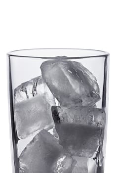 photo of empty glass with ice cubes on white background