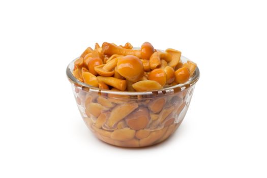 A small dish of tasty canned sliced mushrooms.