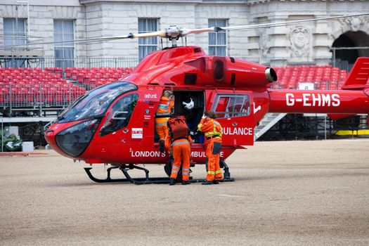 LONDON - JUNE 11: London's Air Ambulance McDonnell Douglas MD 902 Explorer Helicopter landed in Horse Guards Parade London, England on June 11, 2011. London HEMS (Helicopter Emergency Medical Service) is an air ambulance service that responds to seriously ill or injured casualties in and around London