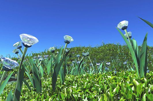 a view of a little hill covered of plants with diamonds instead of flowers between the common grass green, and a blue sky on the background