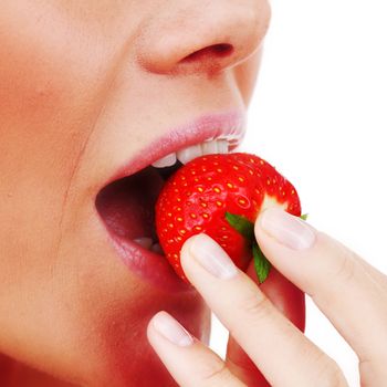 woman eat strawberry macro close up