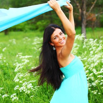 woman fabric in hands feel freedom