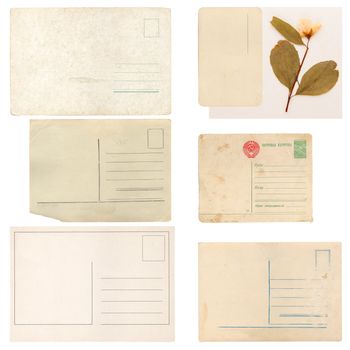 Set of old paper sheets, envelope, card isolated on white background