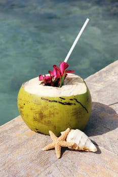 Coconut with drinking straw on a beach in summer 