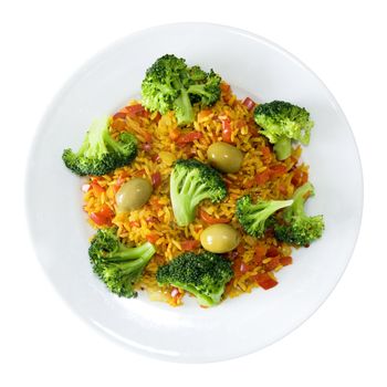 healthy meal - pepper rice with broccoli and green olives on a white plate isolated