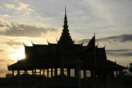 Silhouette of Moonlight Pavailion ar sunset, Royal Palace, Phnom Penh, Cambodia