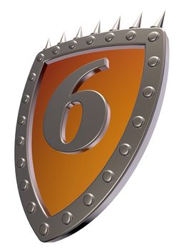 shield with the number six - 6 - on white background - 3d illustration