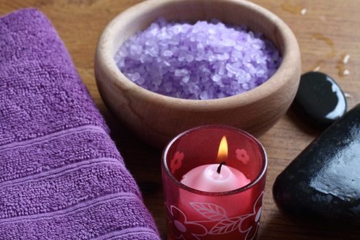 Lavender bath salt and candle close up , shallow dof