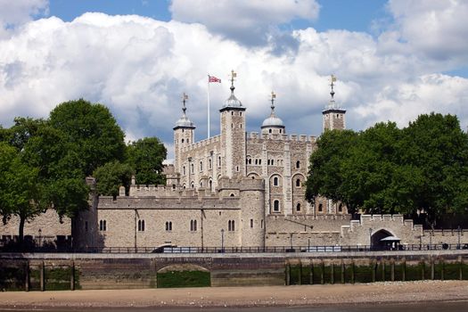 The Tower of London, seen from the River Thames. View to the water-gate called "Traitors' Gate"