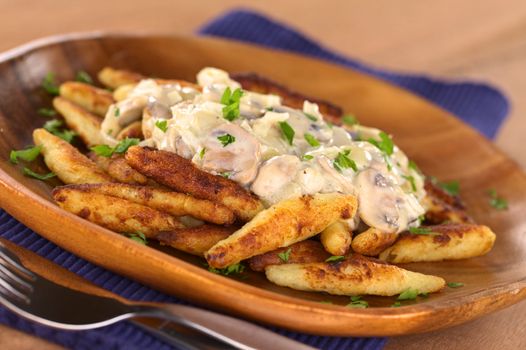 Schupfnudeln (Swabian potato noodles from Southern Germany) with mushroom sauce (Selective Focus, Focus on the front of the mushroom sauce) 