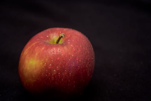 A juicy red apple covered in water drops on black