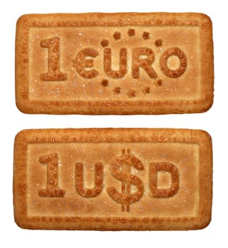 Biscuits in form of euro and dollar bills isolated on white