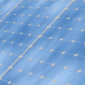 Close up of solar panels with reflection of the sky with 

clouds