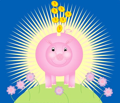 A pink piggy bank and gold coins