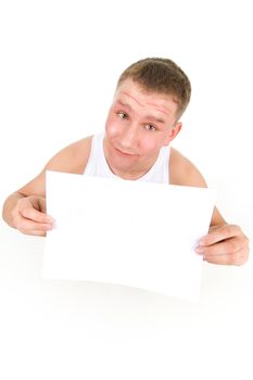 Man holding a clean sheet or paper on isolated background