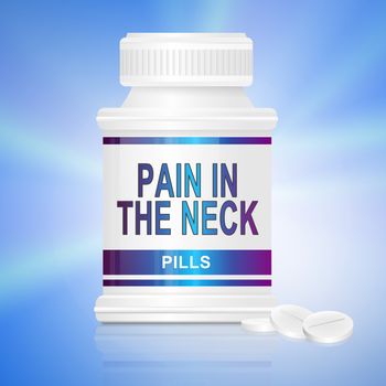 Illustration depicting a single medication container with the words 'pain in the neck pills' on the front with blue background.