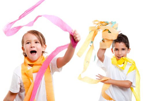 two children kids in a party with messy colorful paper ribbon