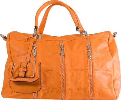 Orange handbag with lots of zippers with leather handles