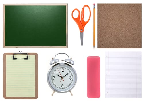 School Supplies Isolated: Chalkboard, Paper, Scissors, Pencil and Corkboard