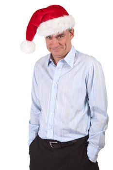 Handsome Smiling Middle Age Business Man in Santa Christmas Hat with Impish Grin Isolated