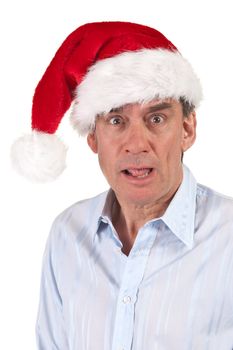 Headshot Portrait of Shocked Surprised Middle Age Business Man in Christmas Santa Hat Isolated