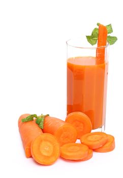 Carrot juice and slices of carrot isolated on white background 