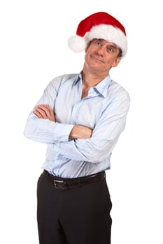 Attractive Smiling Middle Age Business Man in Santa Hat making Silly Face Isolated