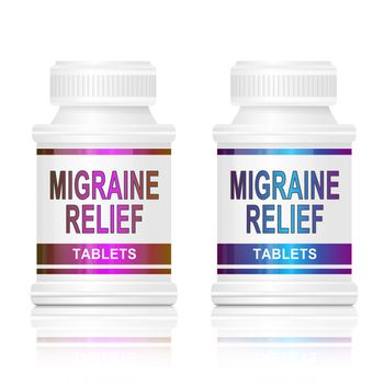 Illustration depicting two medication containers with the words 'migraine relief tablets' on the front with white background.