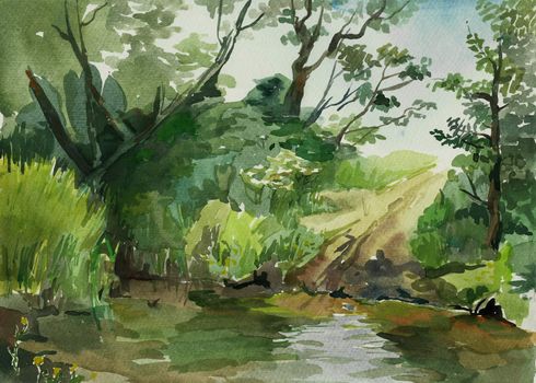 watercolor ford into the stream in a country