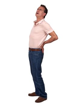 Full Length Portrait of Middle Age Man with Back Pain wearing Casual Clothes Isolated