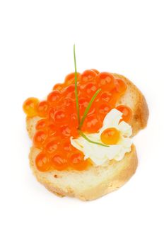 Snack with Delicious Red Caviar, Butter, Spring Onion and Baguette isolated on white background