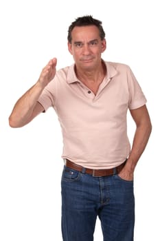 Attractive Smiling Middle Age Man Pointing Forwards with Hand in Pocket Isolated