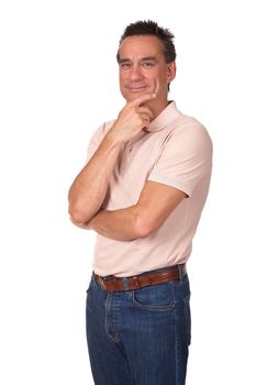 Attractive Smiling Middle Age Man with Hand to Face in Thought Isolated