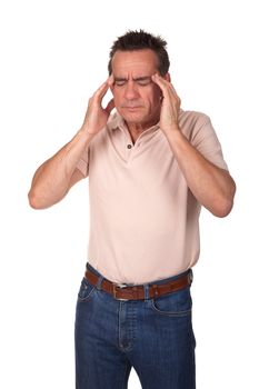 Middle Age Man with Headache Holding Head in Pain Isolated
