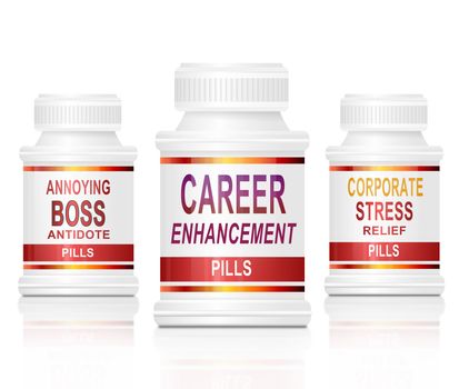 Illustration depicting three medication containers with labels giving a 'coping in the workplace' concept. White background.
