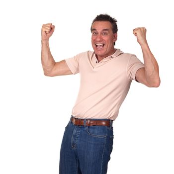 Happy Excited Attractive Middle Age Man Punching Air with Fists Isolated