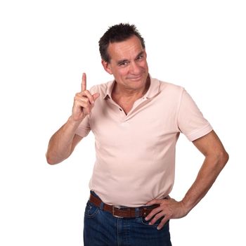 Attractive Smiling Middle Age Man Pointing Upwards or Wagging Finger with Cheeky Grin and Hand on Hip Isolated