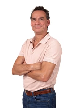 Portrait of Attractive Smiling Middle Age Man in Pink Polo Shirt and Blue Jeans Isolated