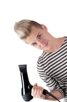 Portrait of handsome man with hairdryer in studio isolated on white